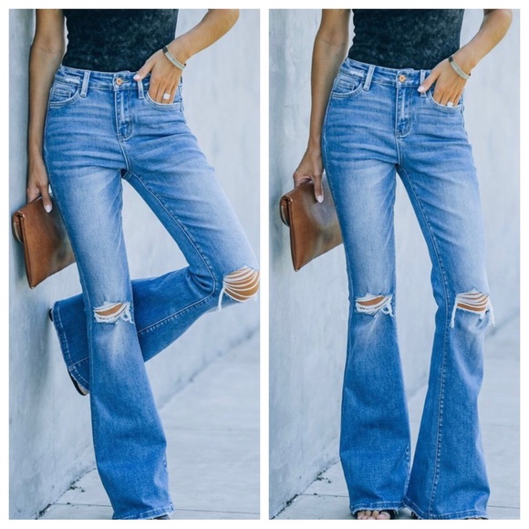 BOHO STRETCH DISTRESSED FLARE JEANS - Picture 2 of 4